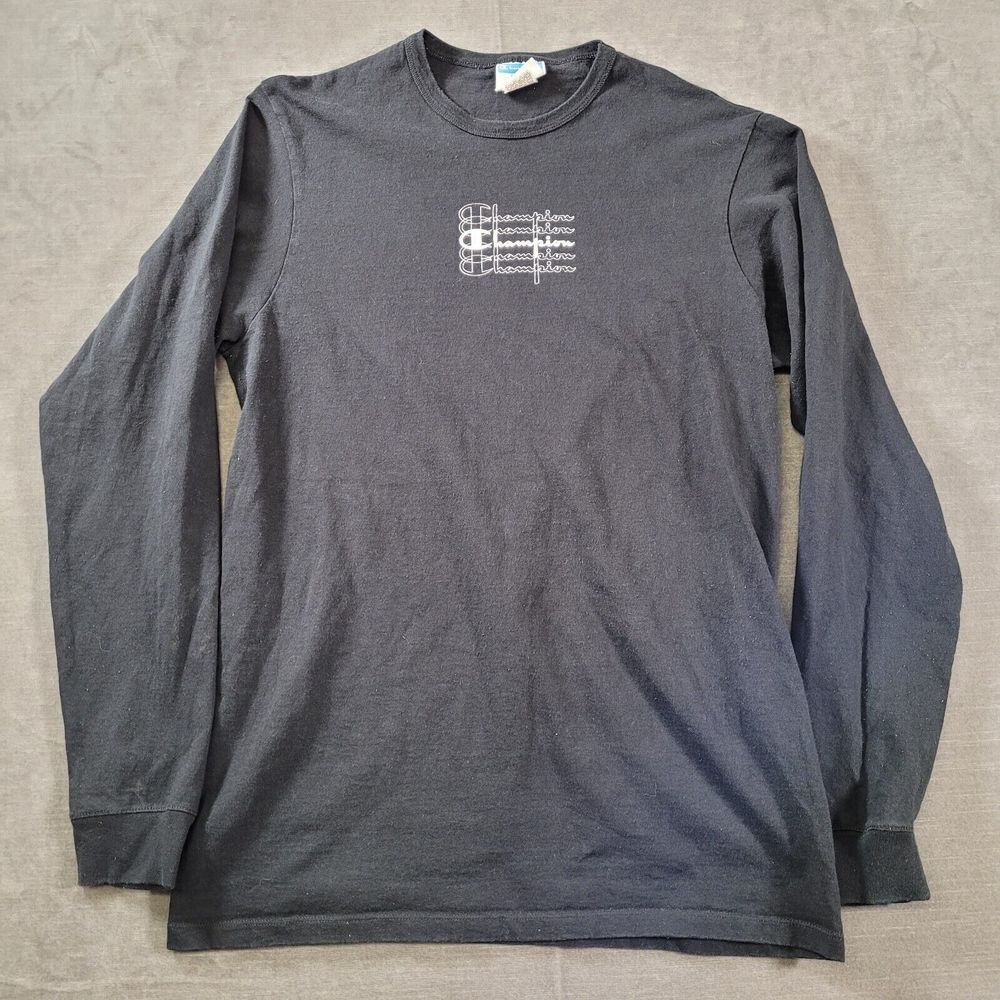 Champion Mens Long Sleeve Shirt Large Black Center Logo Graphic Tee Pullover